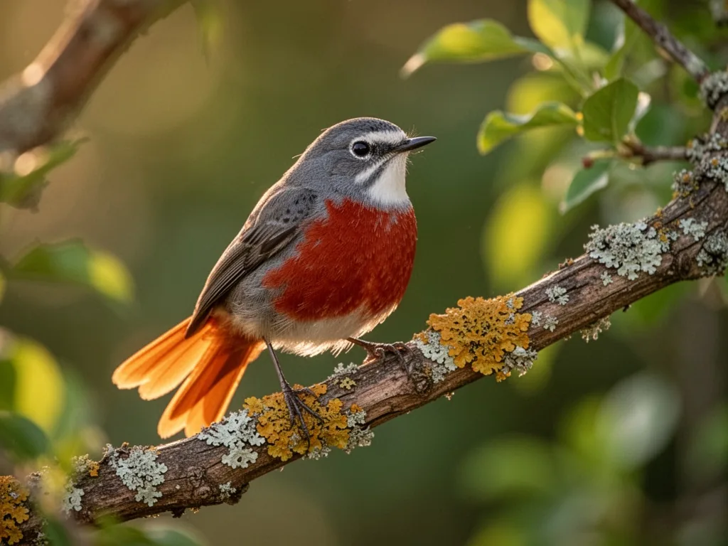A white-fronted redstart perched on a lichen-covered branch, its brick-red belly catching soft morning sunlight, bright