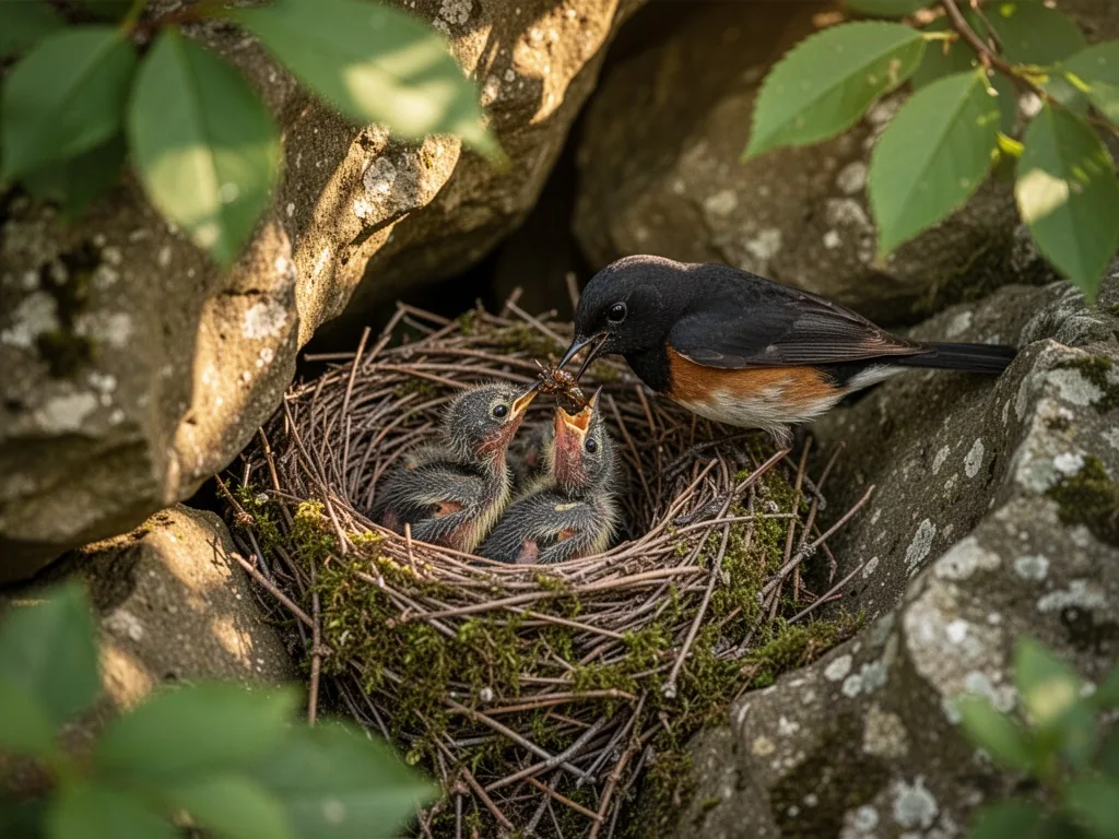 A black redstart's nest made of twigs and moss tucked inside a rocky crevice, a parent bird feeding a chick a small inse