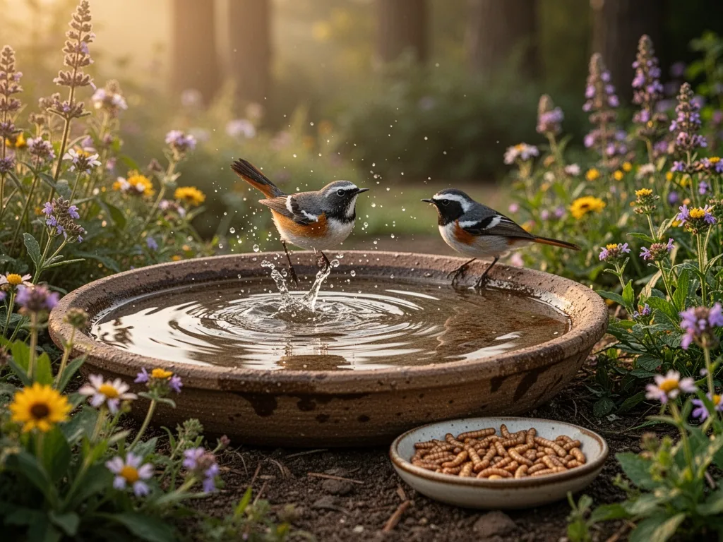 A garden bird bath with shallow water, surrounded by native flowering plants, a white-fronted redstart splashing on the