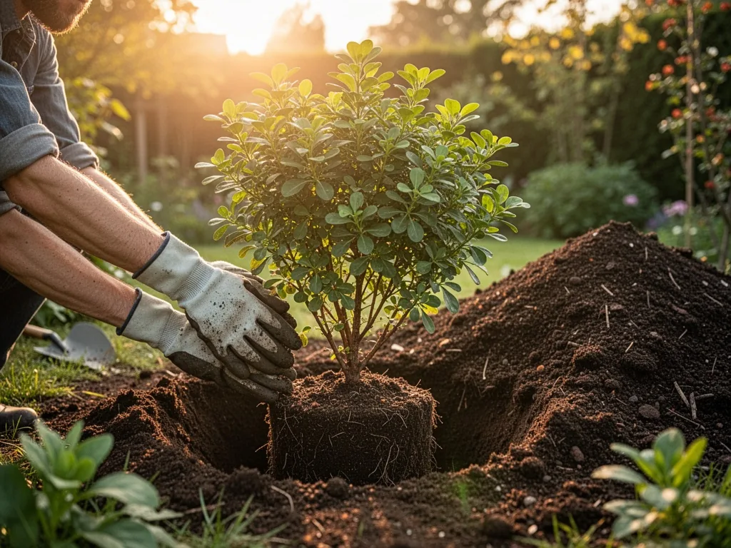 Hands in gardening gloves placing a choisya shrub into a freshly dug hole, rich dark soil mounded beside, compost pile, 
