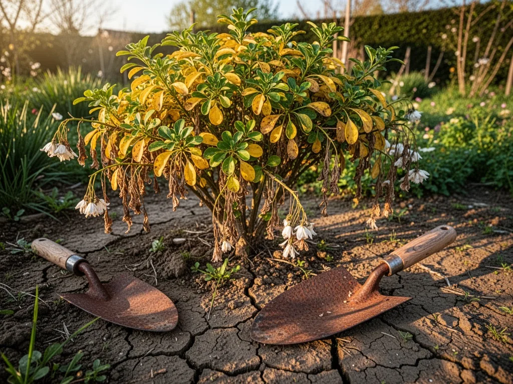 A choisya shrub with yellowing leaves and drooping stems in dry cracked soil, a rusty garden trowel beside, harsh aftern