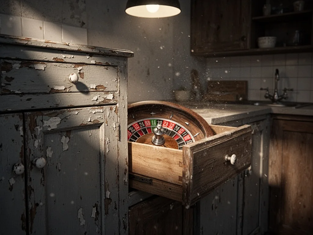 A second-hand Oskab kitchen cabinet with chipped paint, a roulette wheel half-hidden behind a drawer, dust particles in