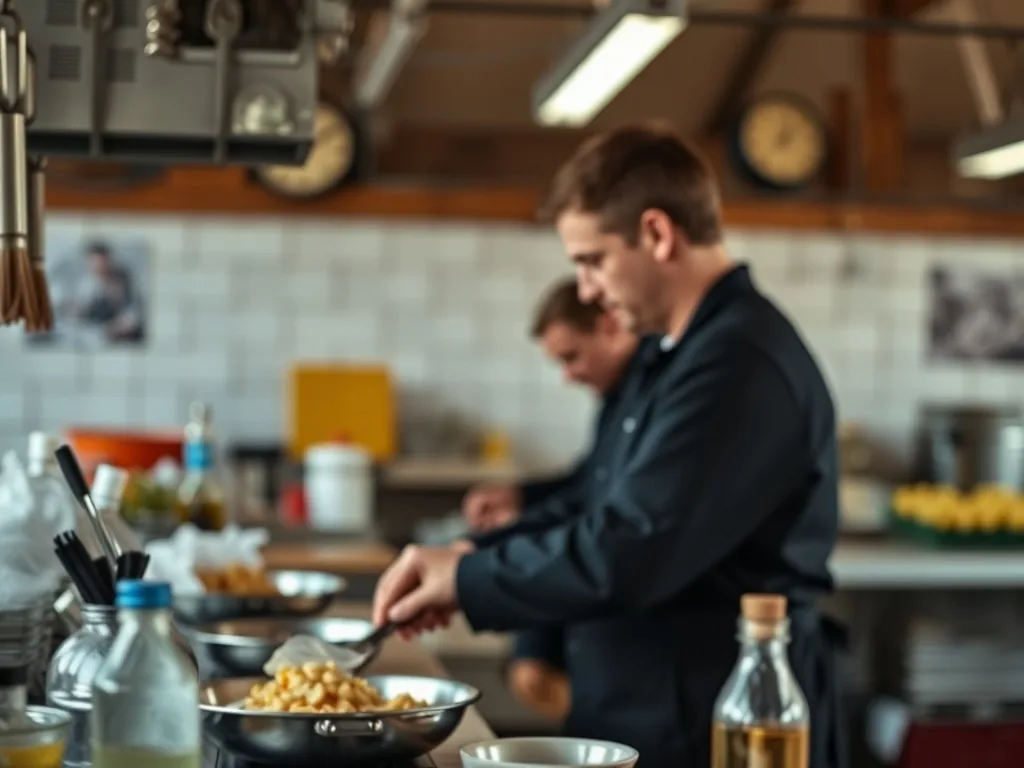 Façade de cuisine moderne blanche et bois, posée sur un plan de travail en chêne, avec un écran d'ordinateur affichant une page d'erreur en arrière-plan