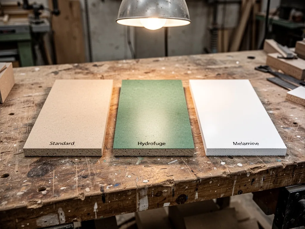 Three particleboard samples side by side on a worn wooden workbench: standard beige, hydrofuge green-tinted, white melam