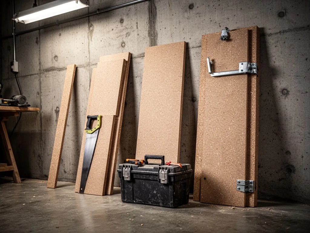 Three particleboard planks of different thicknesses leaning against a concrete wall: thin with a handsaw, medium with a 