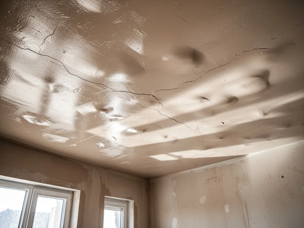 A freshly painted satin-finished ceiling with visible surface bumps and hairline cracks, harsh overhead light casting sh
