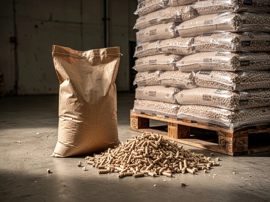 A single paper sack of wood pellets next to a pallet stacked with similar sacks, with a loose heap of pellets spilling o