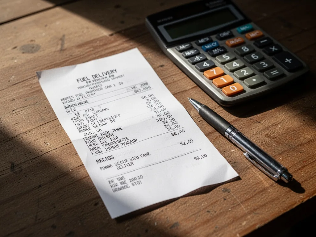 Close-up of a fuel delivery receipt with unexpected surcharges, a calculator and a pen beside it, on a wooden desk, natu