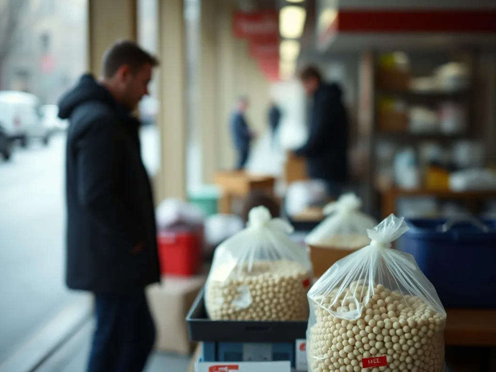 Sac de pellets de 15 kg posé à côté d'une palette et d'un silo de stockage en vrac