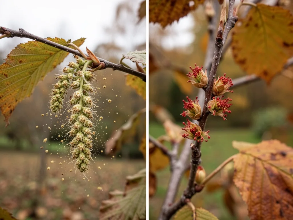 Two hazelnut branches side by side, one with male catkins releasing pollen, the other with tiny red female flowers, soft
