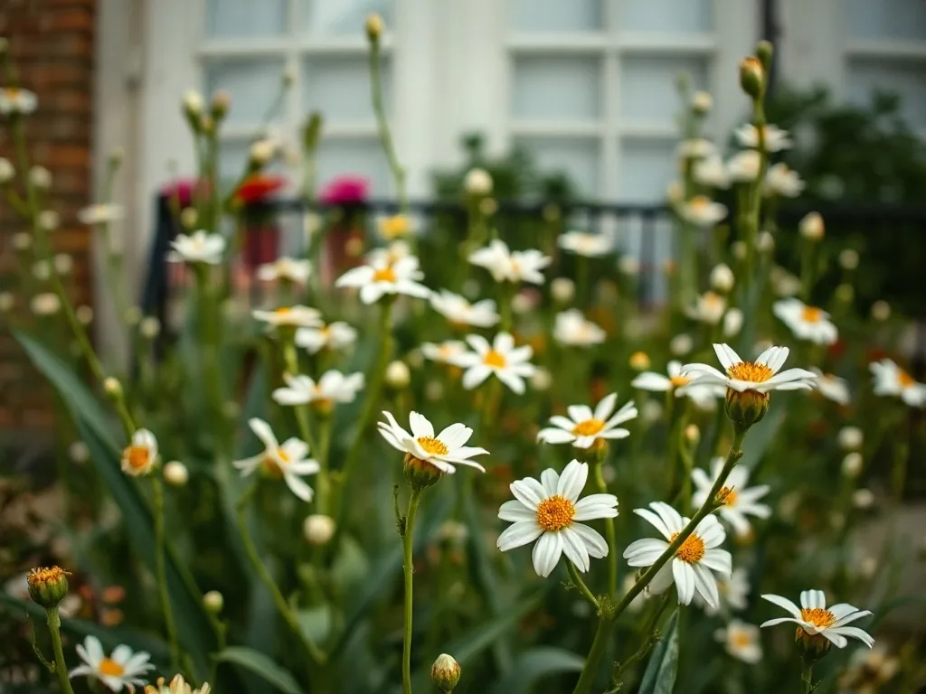 Massif de vivaces à fleurs blanches en bordure de jardin ensoleillé, avec feuillage vert soutenu