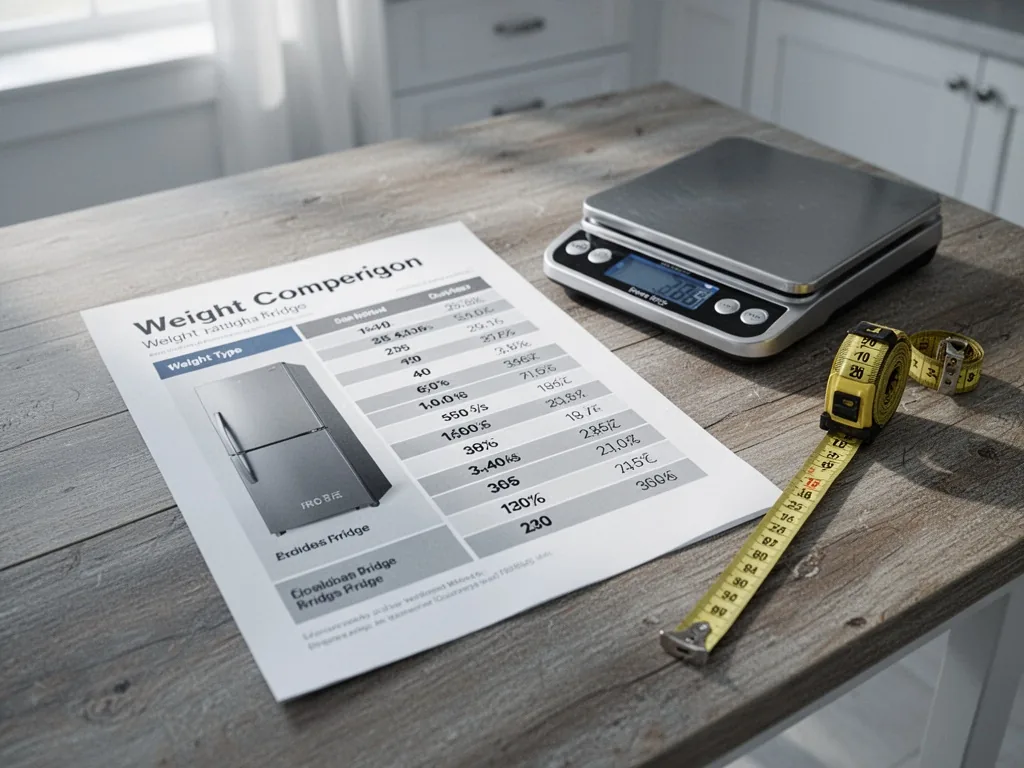 A wooden kitchen table with a printed weight comparison chart for fridge types, a digital scale and a measuring tape bes