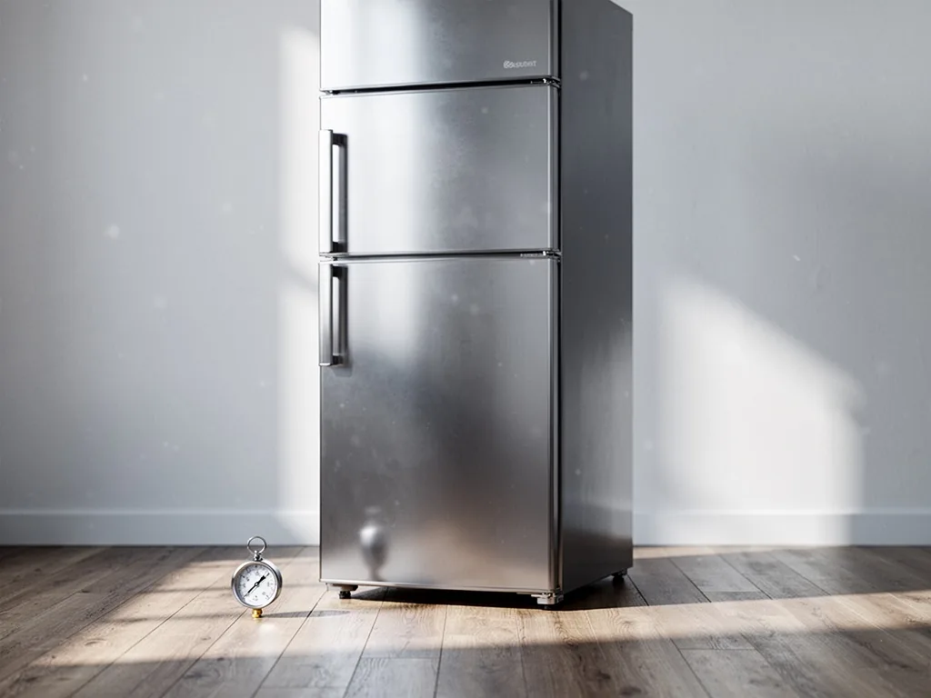 A stainless steel refrigerator standing on a wooden floor, a small pressure gauge on the floor beside it, gentle shadows
