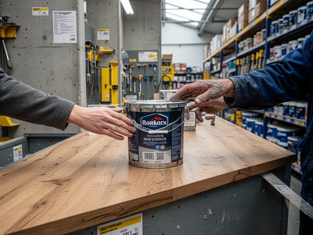 A wide wooden service counter in a hardware store, one clean hand and one rough hand both reaching for the same paint bu