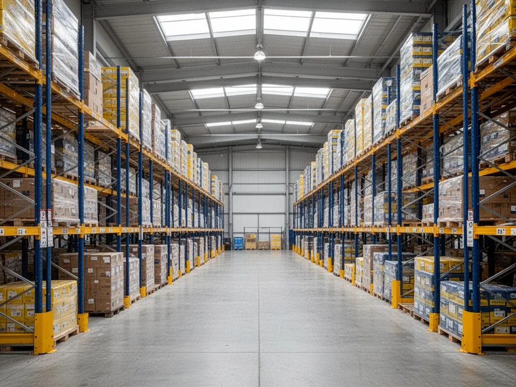 A vast distribution warehouse interior, rows of stacked pallets and steel racks, yellow and blue corporate colors, soft 