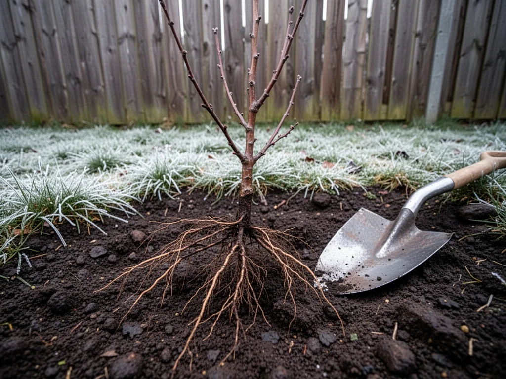 A bare-root apple sapling with wiry roots lying on dark damp soil beside a steel spade, frost-dusted grass and a wooden 