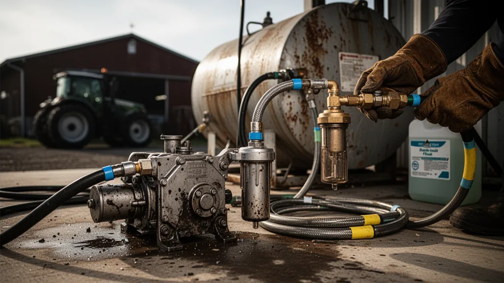Pompe de transfert diesel installée près d’une cuve de carburant sur une exploitation agricole