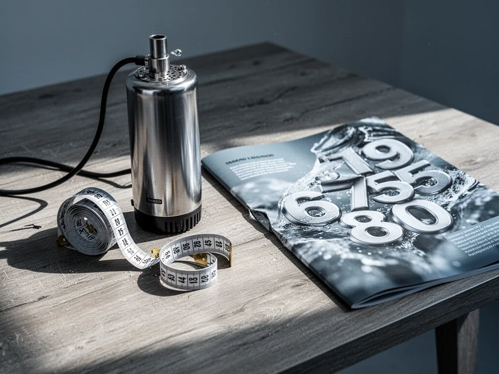 A stainless steel fountain pump next to a crushed measuring tape on a wooden table, a glossy brochure with oversized num