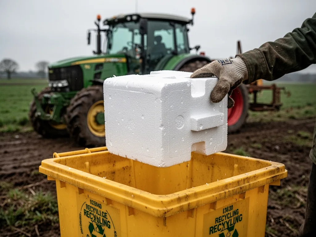 A white polystyrene packaging cube held above a yellow recycling bin, farmer's gloved hand gripping edge, tractor in bac