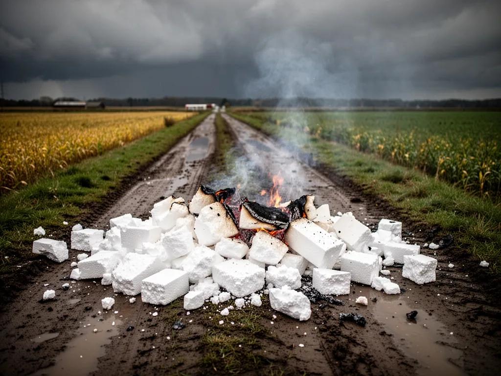 Crushed polystyrene foam piled on muddy farm road, small fire with grey smoke rising, burnt black edges, dark storm clou