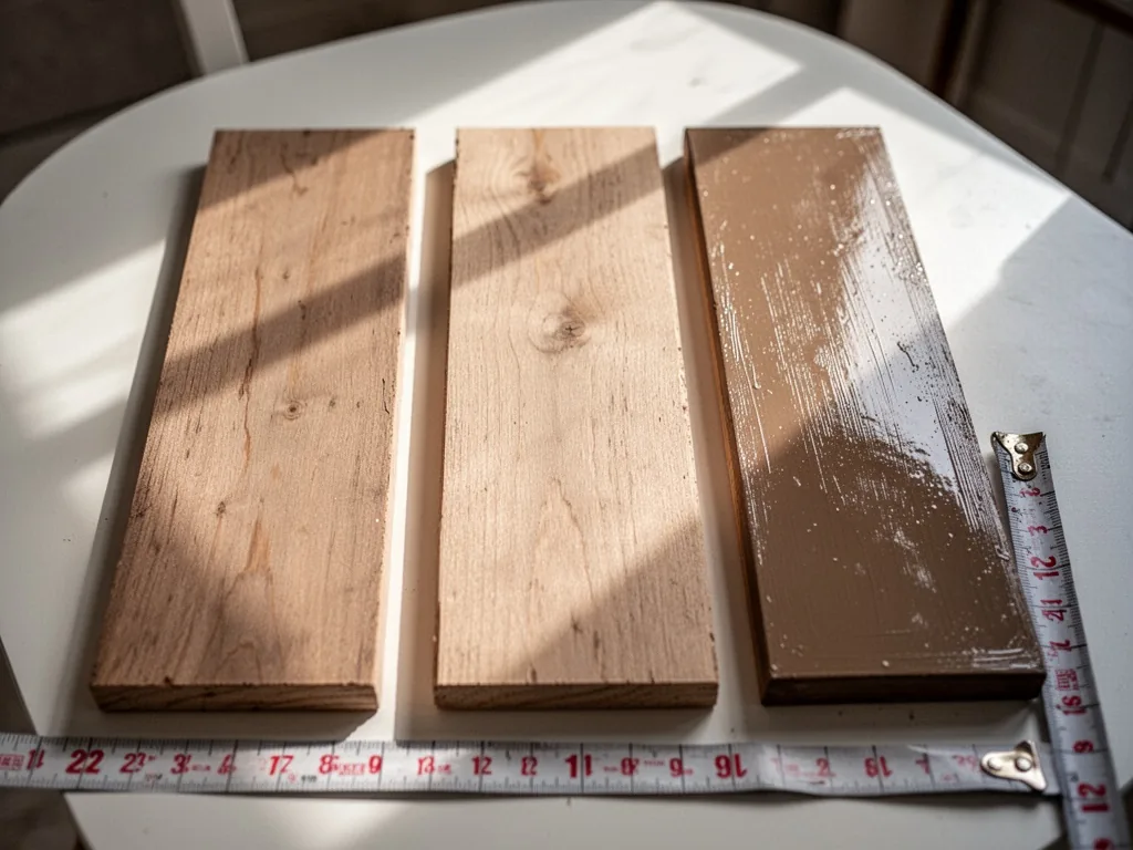 Three wooden planks painted with matte, satin, and glossy finishes, side by side on a white table, sunlight creating var