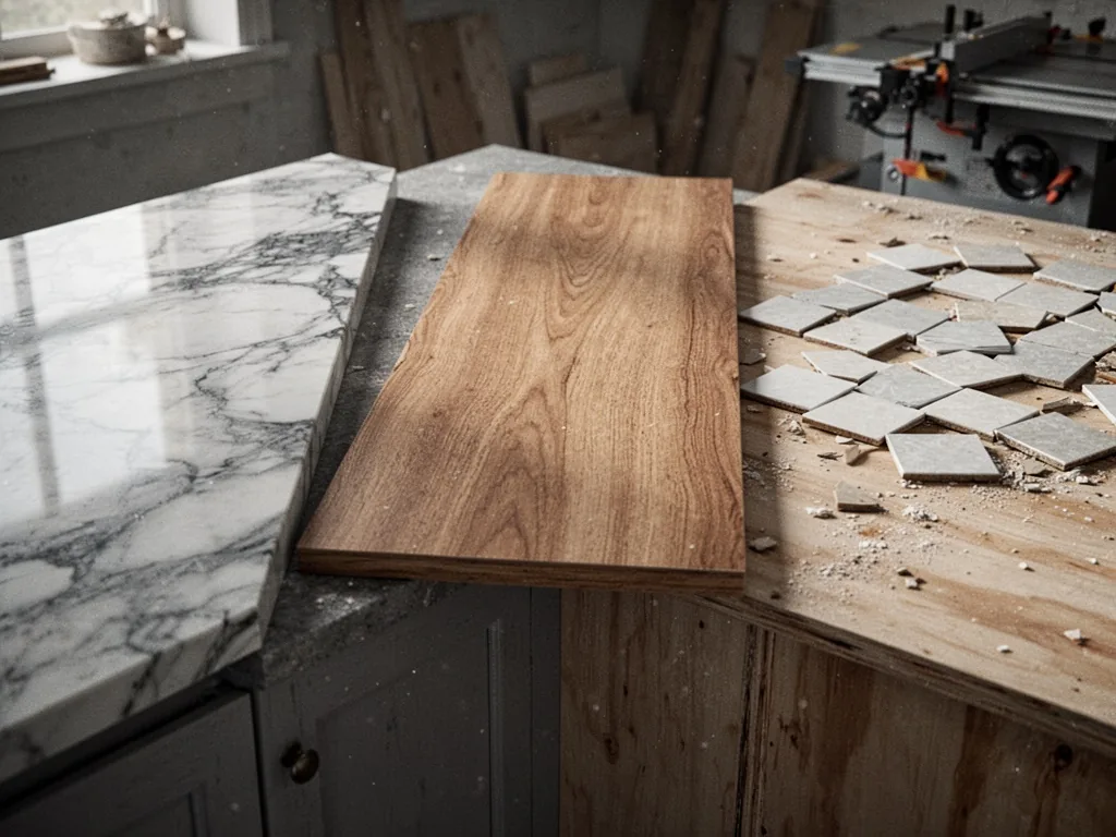 Three kitchen countertops lined up in a row: one luxury marble, one laminate, one plywood with missing tiles, gritty wor