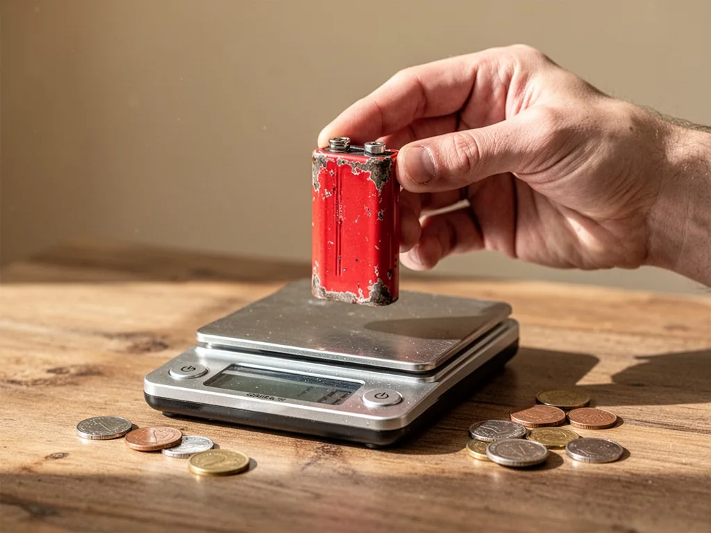 A hand holding a worn red battery above a digital scale, small coins scattered on a wooden table, warm afternoon light