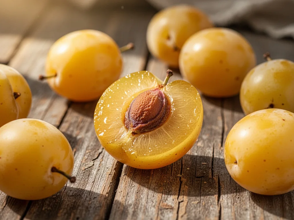 A halved yellow prune with glistening golden flesh and a central pit, surrounded by whole prunes on a weathered wooden t