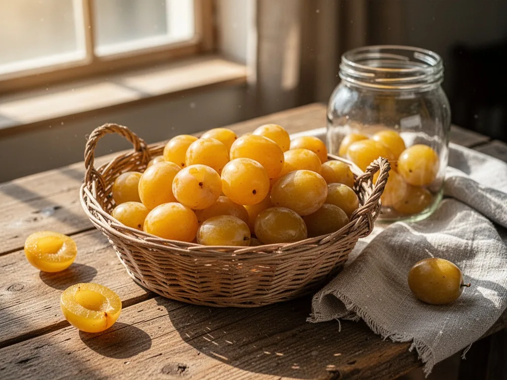 A wicker basket of bright yellow prunes on a wooden table, a glass jar and a linen cloth beside it, morning sunlight str
