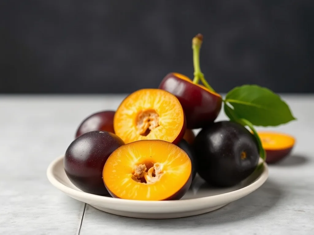 Prunes jaunes mûres suspendues à une branche dans un verger ensoleillé