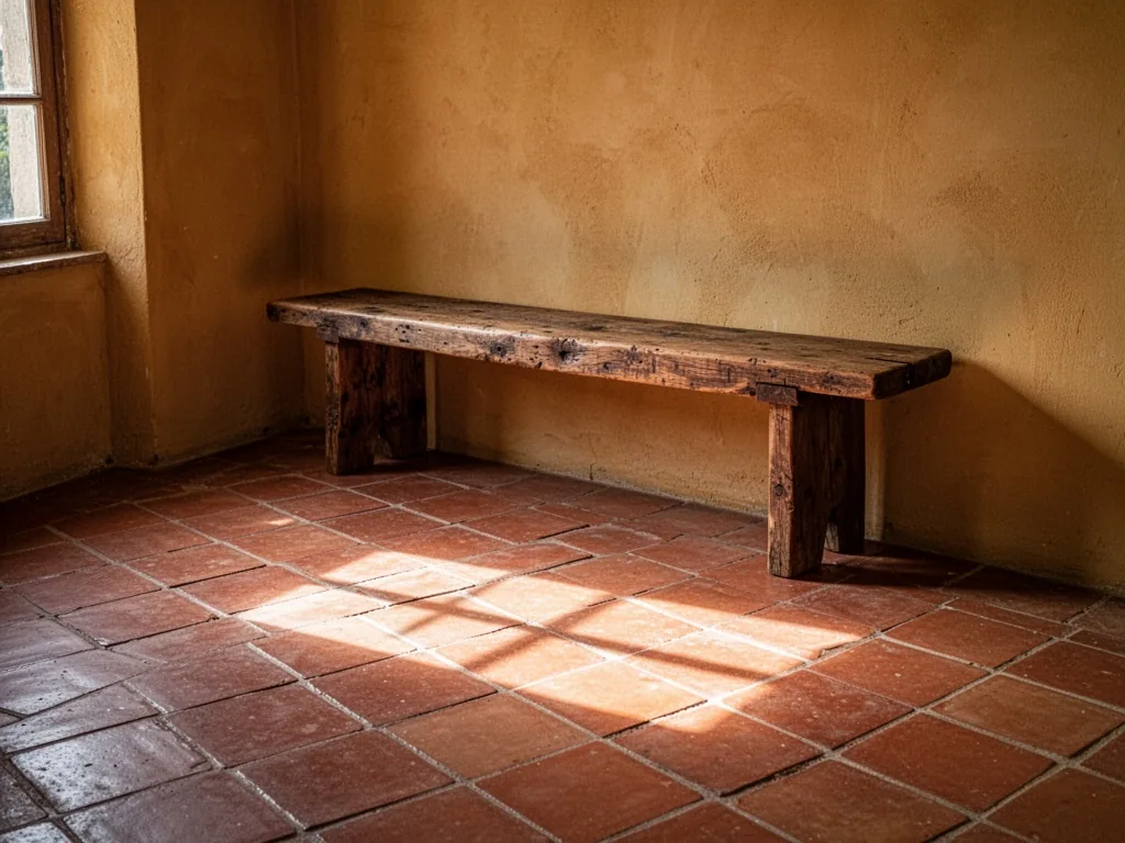A rustic room with red terracotta floor tiles, a wooden bench against an ochre plaster wall, warm sunlight pooling on th