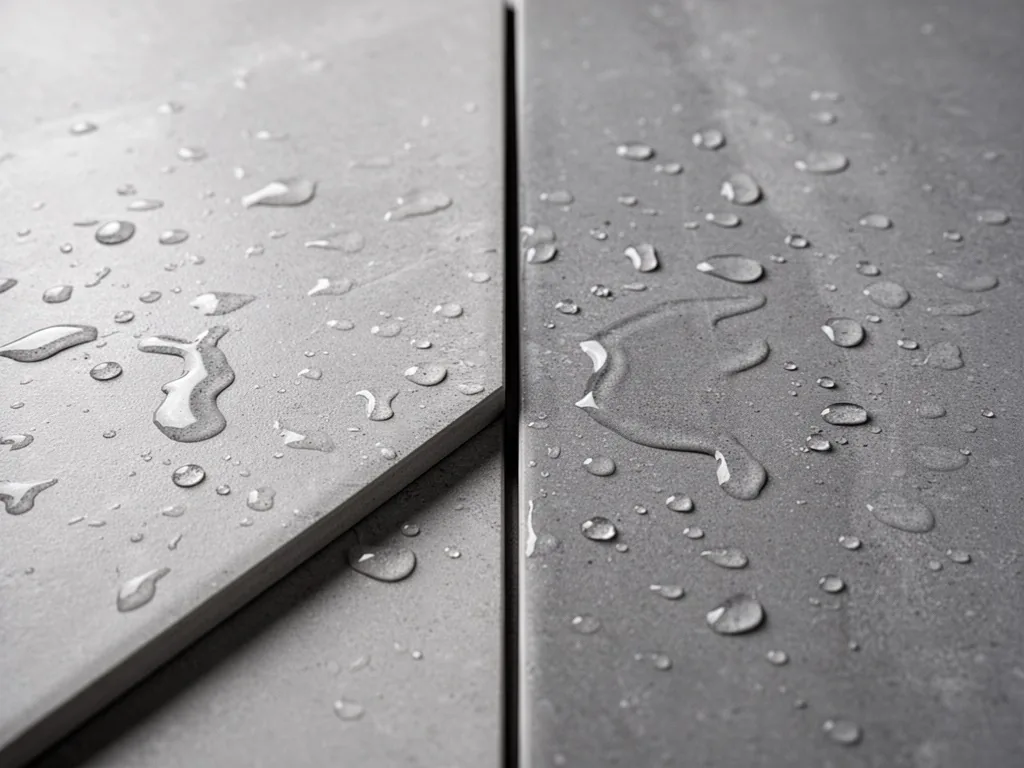 A close-up of a ceramic tile and a resin surface side by side, water droplets scattered, industrial lighting, matte fini