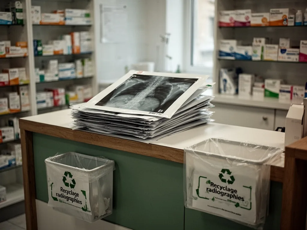 A pharmacy counter with a stack of animal X-ray envelopes, a small recycling bin labeled "Recyclage radiographies," mute