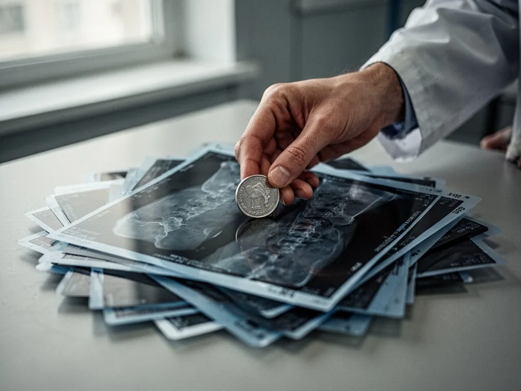 A veterinarian's hand placing a silver coin on a pile of used X-ray films, soft overhead light, desaturated colors, shal