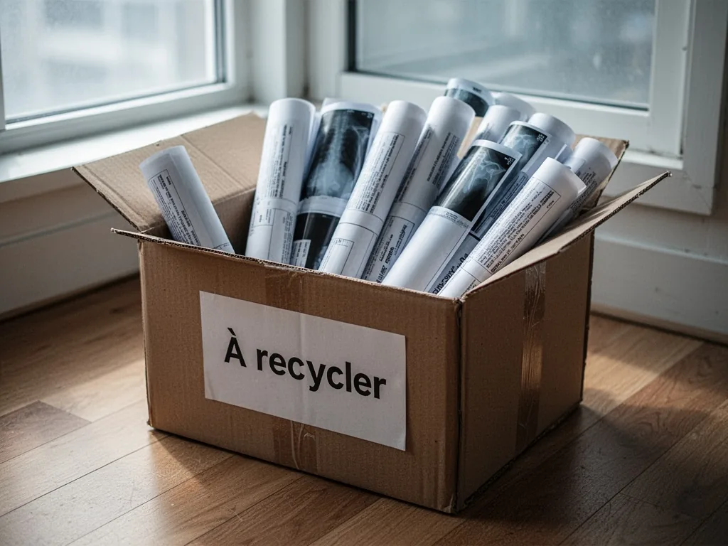 A neat cardboard box filled with rolled veterinary X-rays, labeled "À recycler," on a wooden floor near a sunlit window