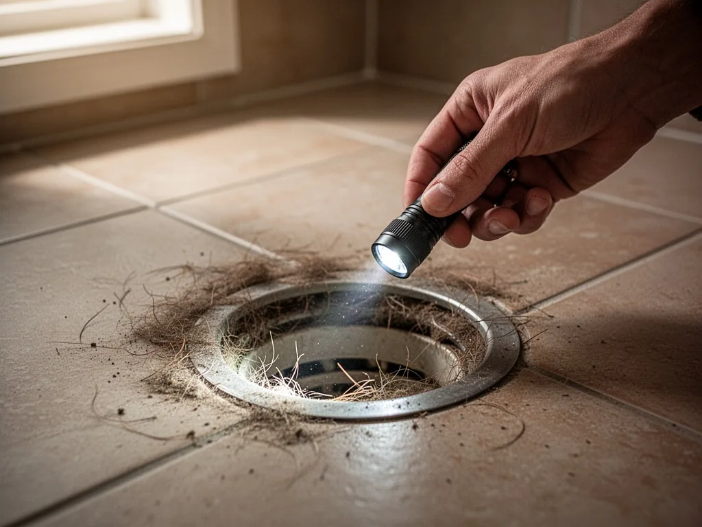 A hand holding a small flashlight pointing into a floor drain, dust and hair visible around the rim, shallow depth of fi