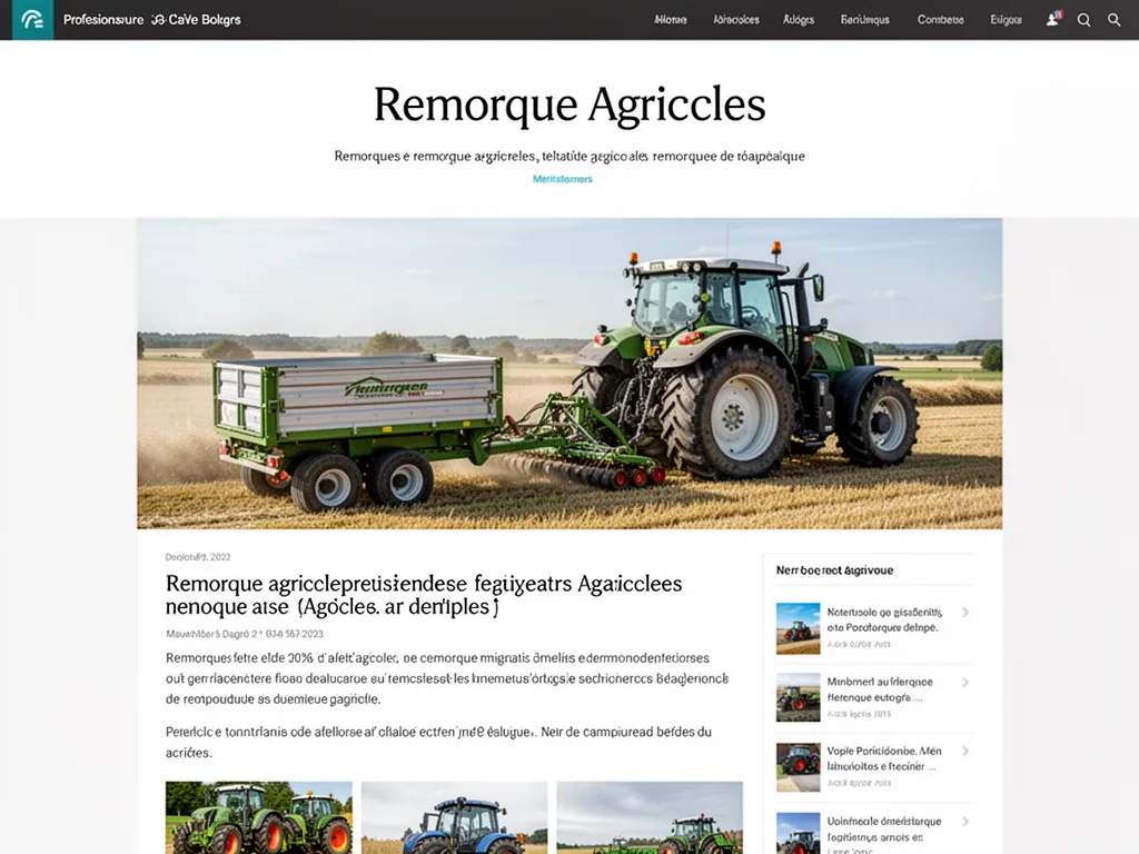 Remorque agricole attelée à un tracteur dans une cour de ferme avec caisse relevable