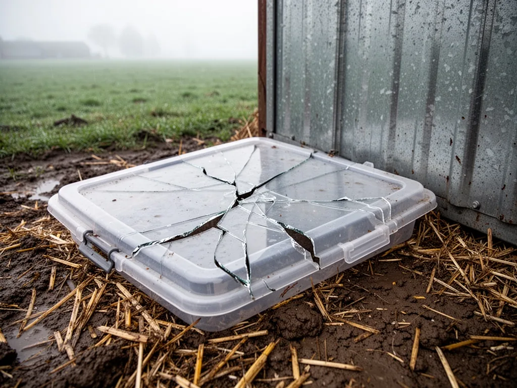 A cracked plastic bin lid with jagged edges, resting on muddy straw beside a dented metal side panel, overcast morning l