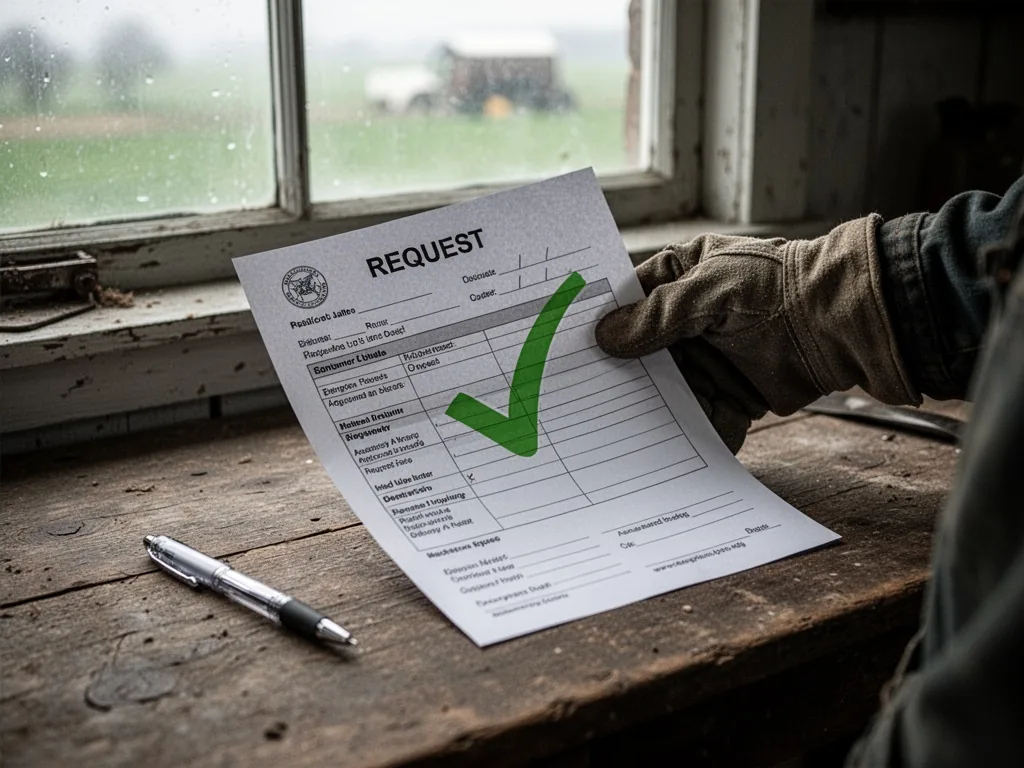 A worker's gloved hand holding a completed request form with a green checkmark, placed on a wooden desk beside a pen, so