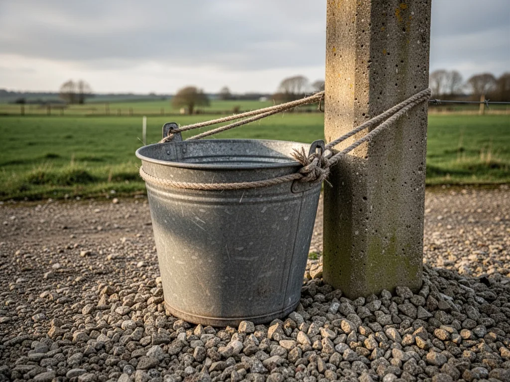 A sturdy replacement bin secured by a rope to a concrete post, surrounded by clean gravel, diffused afternoon sunlight c