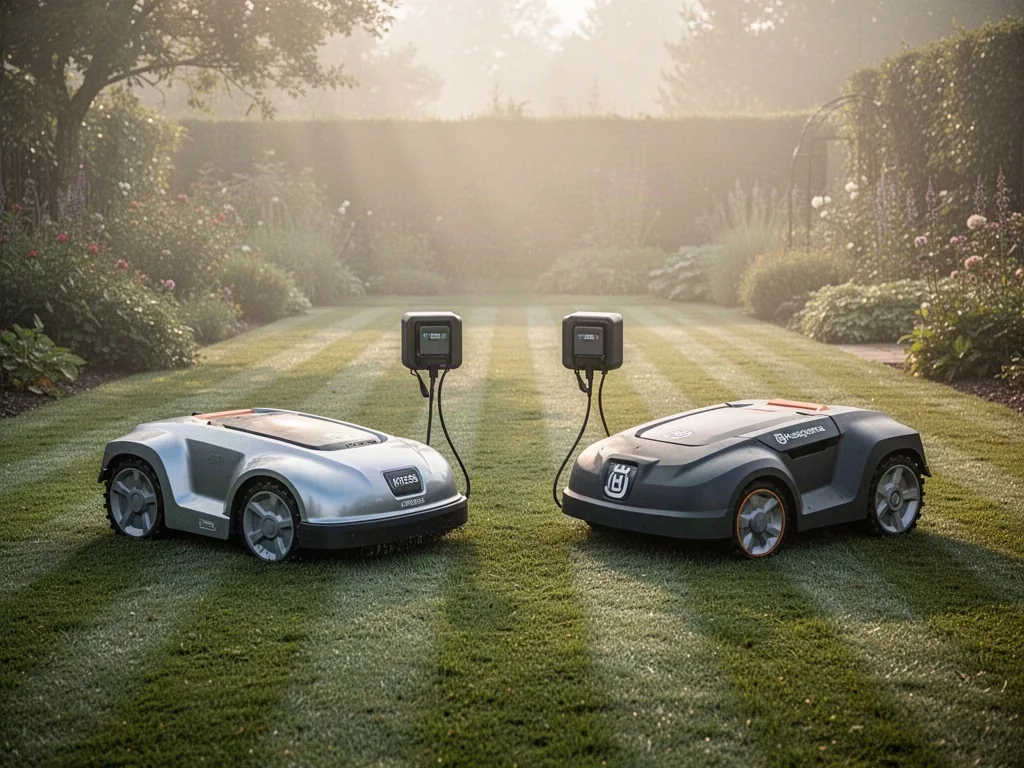 A silver Kress robotic mower and a dark Husqvarna robotic mower facing each other on a striped lawn, two charging docks