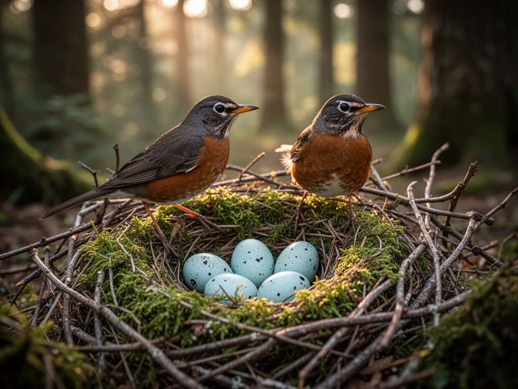A female robin perched on a mossy nest with pale blue eggs, tangled twigs in dappled forest light