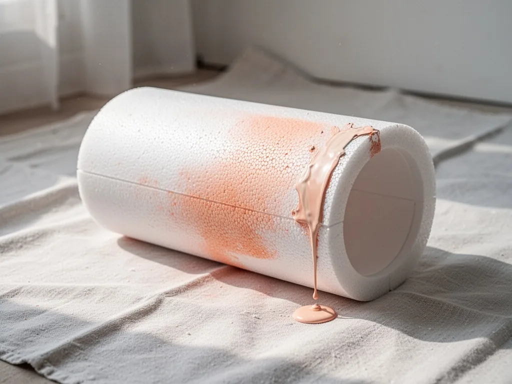 A white foam roller with slight orange peel texture, placed on a clean drop cloth, a single dried paint drip on its edge