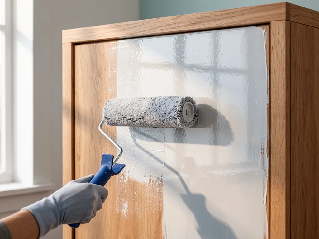 A paint roller applying glossy paint onto a smooth wooden cabinet door, the wet surface reflecting a window's silhouette