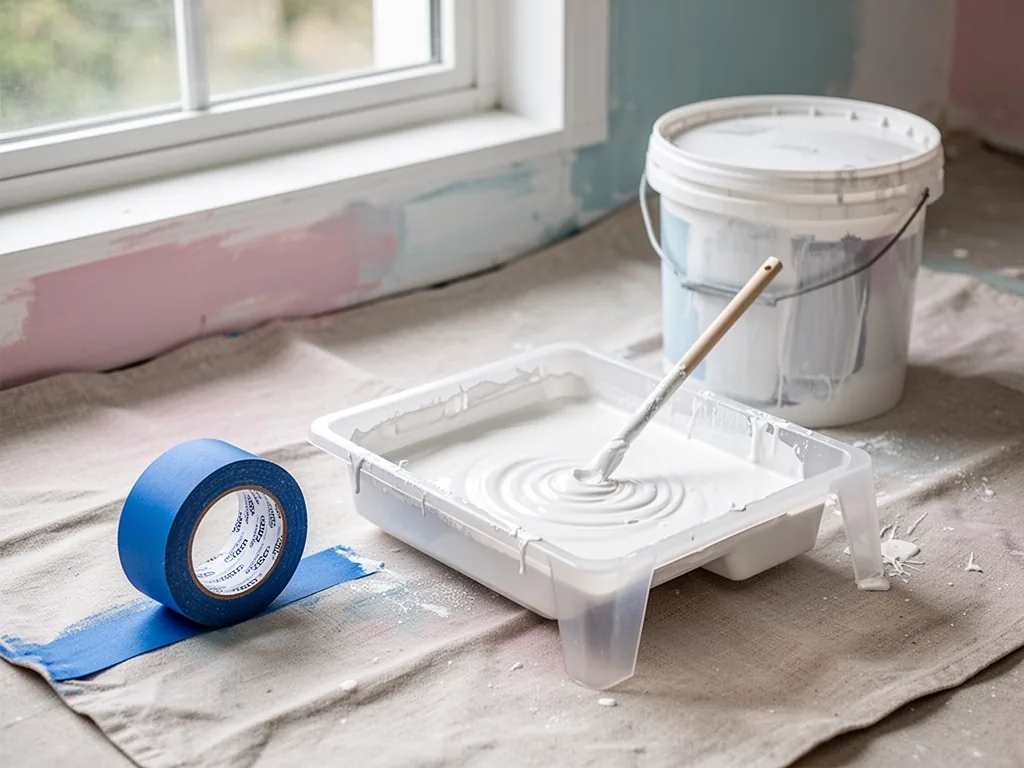 A blue painter's tape roll, a plastic paint tray with wet white paint, a stirring stick, and a bucket arranged on a drop