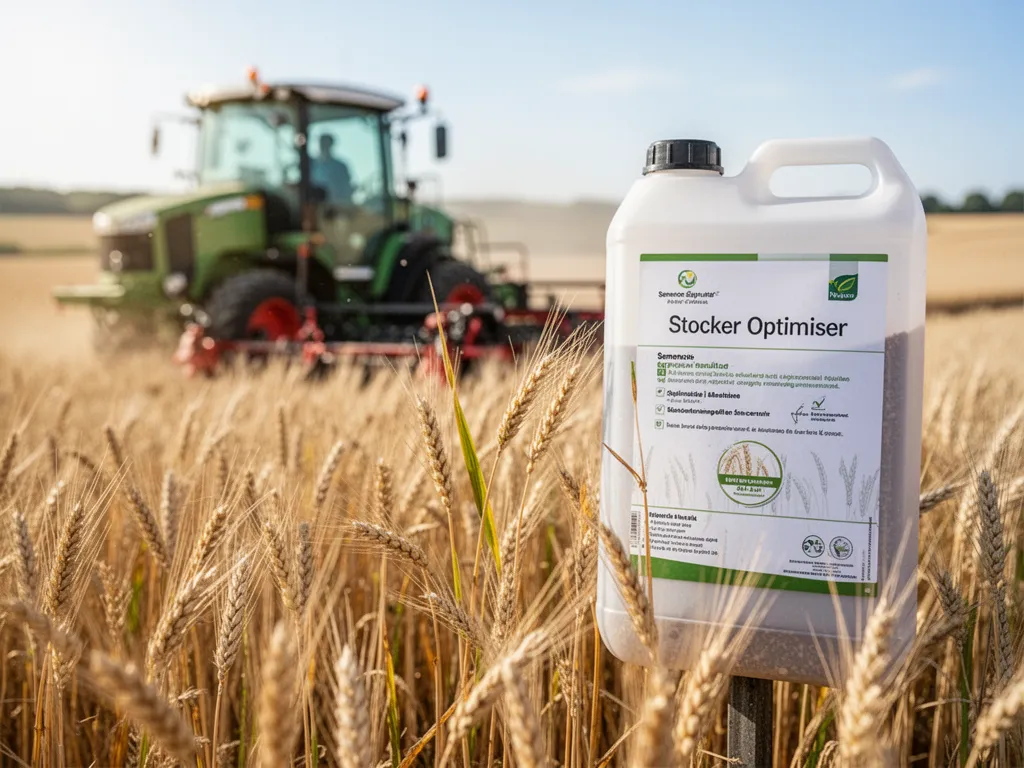 Palette de sacs de semences devant un hangar agricole, étiquettes visibles et palette logistique