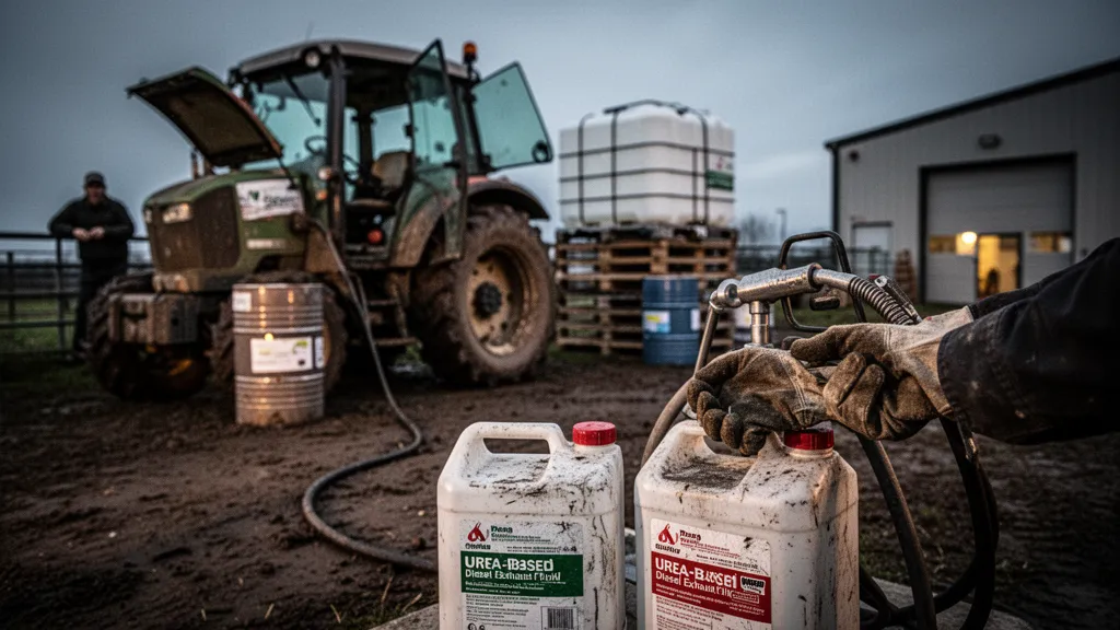 Vue rapprochée d'un tableau de bord moderne et d'un réservoir AdBlue sur une aire de ferme