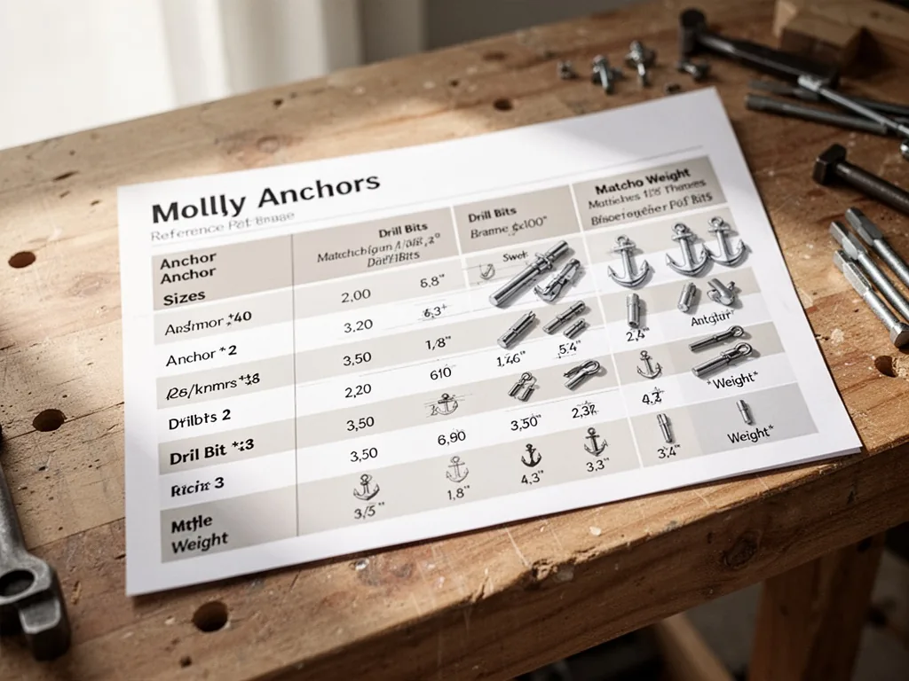 A white printed reference table of Molly anchor sizes with matching drill bits and weight labels, placed on a wooden wor