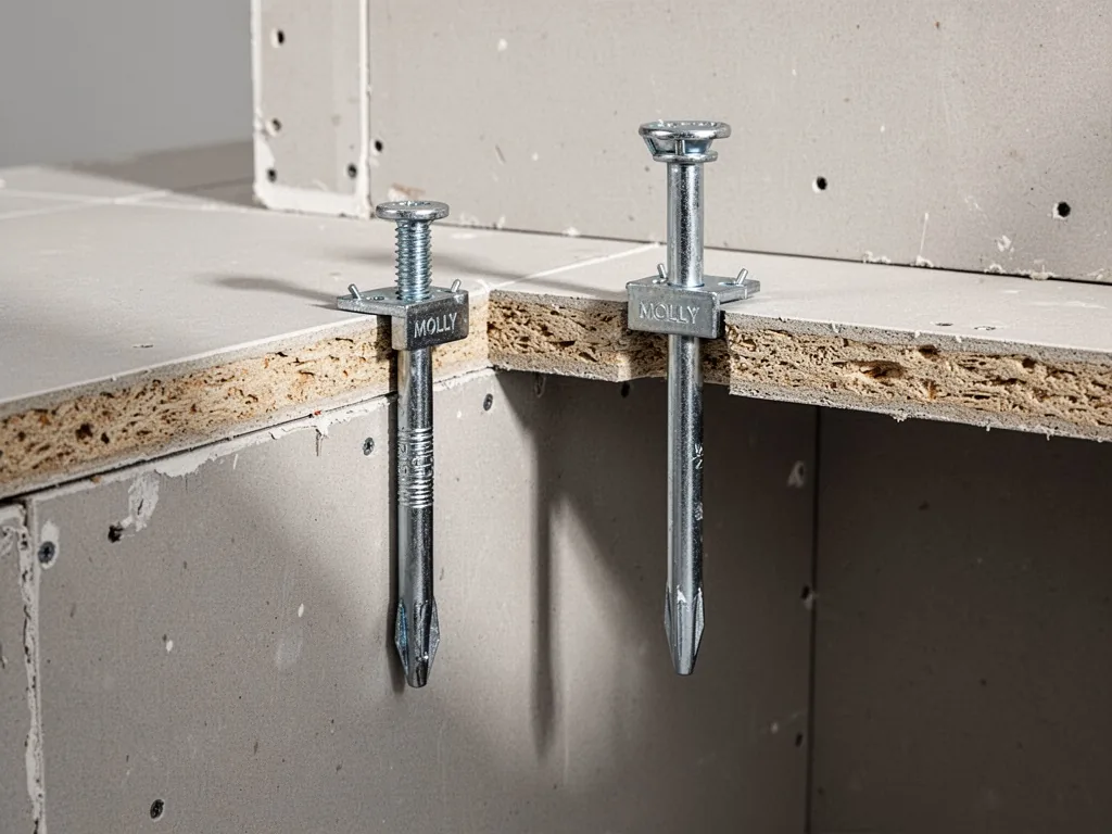Two metal Molly anchors of different lengths inserted into a cutaway drywall board, one falling short into empty air, so