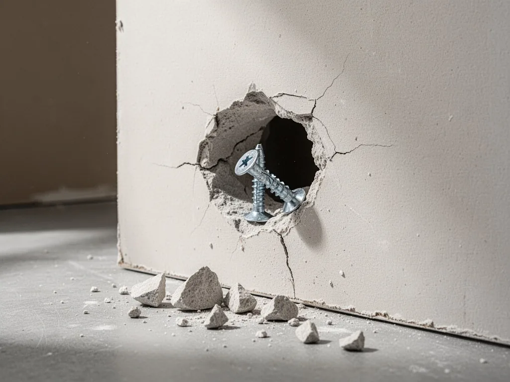 A torn hole in white drywall around a bent Molly anchor with cracked plaster edges, small plaster chunks scattered on a 